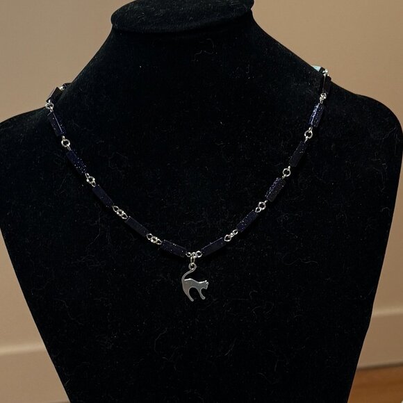 Dark Blue Goldstone Short Necklace w/ Silver Cute Slim Cat Pendant - Picture 3 of 14